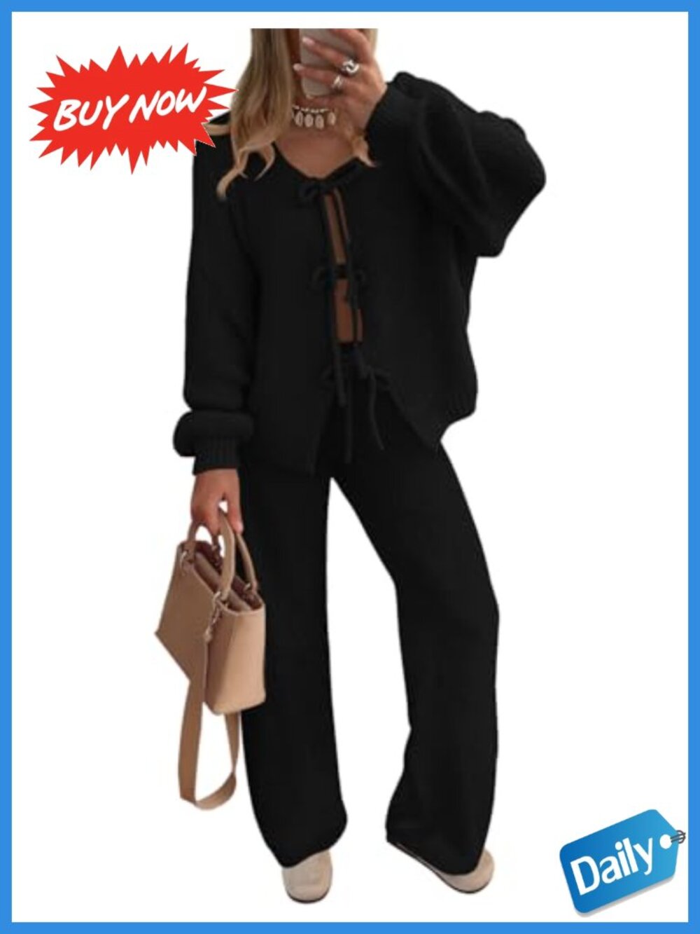 2 Piece Lounge Pajama Set V-Neck Cardigan Wide Leg Pants Loungewear